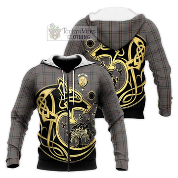 Stewart Grey Tartan Knitted Hoodie with Family Crest Celtic Wolf Style