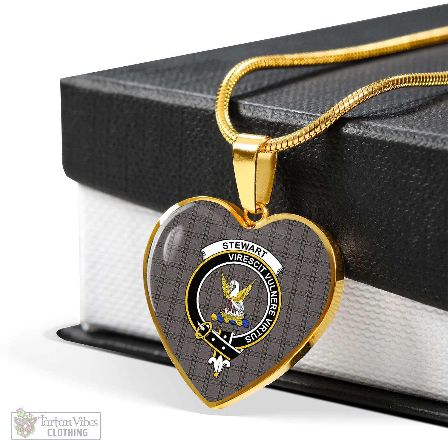 Tartan Vibes Clothing Stewart Grey Tartan Heart Necklace with Family Crest