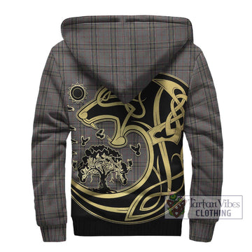 Stewart Grey Tartan Sherpa Hoodie with Family Crest Celtic Wolf Style