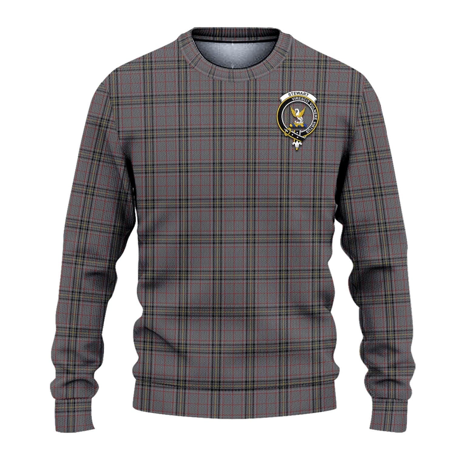 Stewart Grey Tartan Knitted Sweater with Family Crest - Tartanvibesclothing