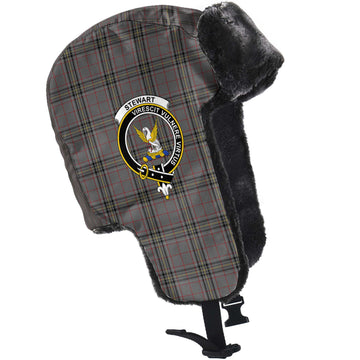 Stewart Grey Tartan Winter Trapper Hat with Family Crest