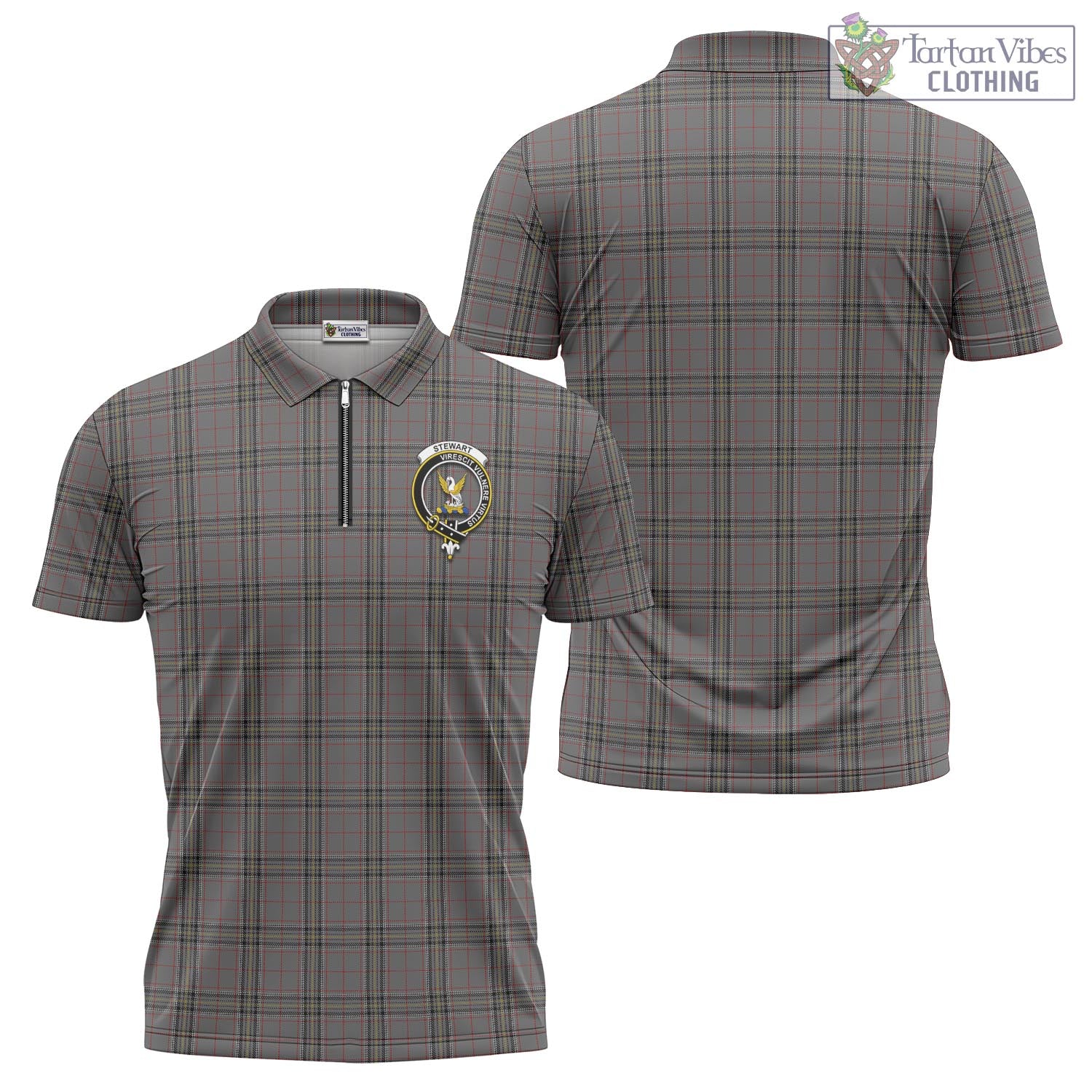 Tartan Vibes Clothing Stewart Grey Tartan Zipper Polo Shirt with Family Crest