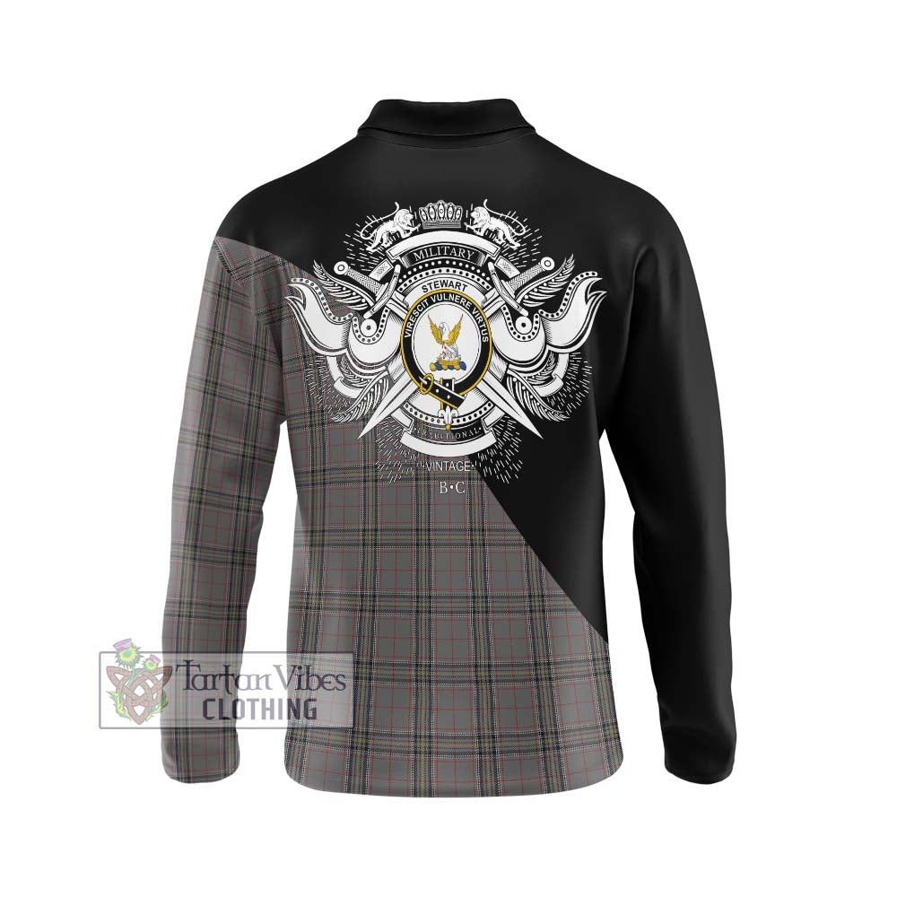 Stewart Grey Tartan Long Sleeve Polo Shirt with Family Crest and Military Logo Style - Tartanvibesclothing Shop