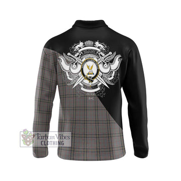 Stewart Grey Tartan Long Sleeve Polo Shirt with Family Crest and Military Logo Style