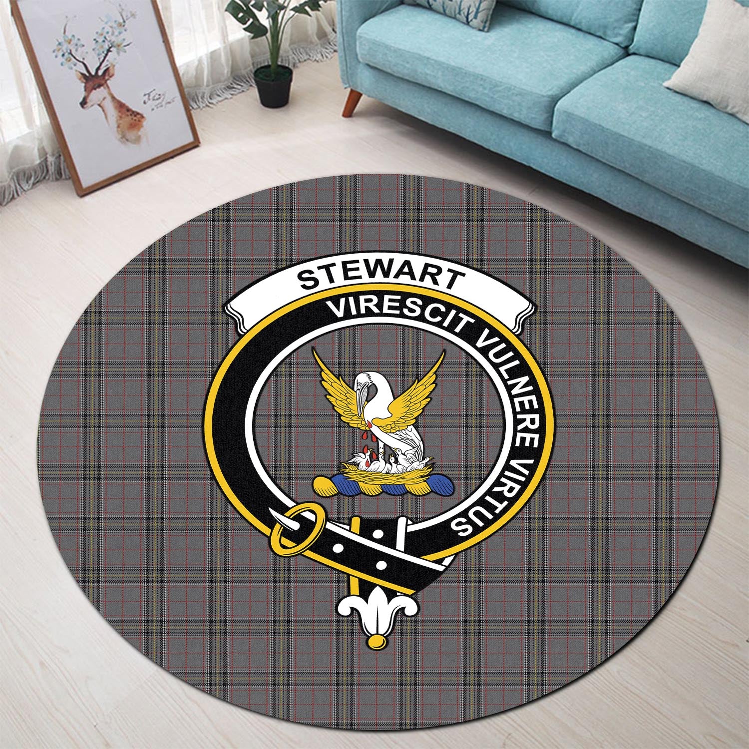 stewart-grey-tartan-round-rug-with-family-crest