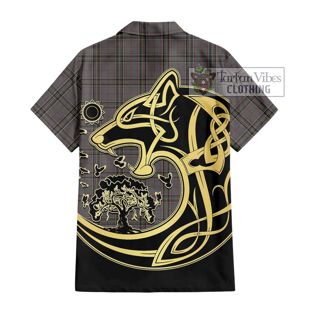 Stewart Grey Tartan Short Sleeve Button Shirt with Family Crest Celtic Wolf Style - Tartan Vibes Clothing