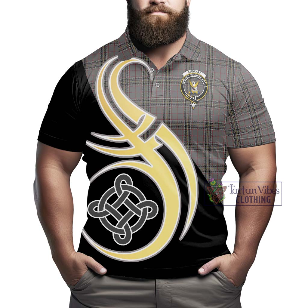 Tartan Vibes Clothing Stewart Grey Tartan Polo Shirt with Family Crest and Celtic Symbol Style