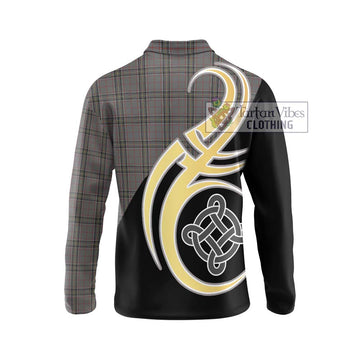 Stewart Grey Tartan Long Sleeve Polo Shirt with Family Crest and Celtic Symbol Style