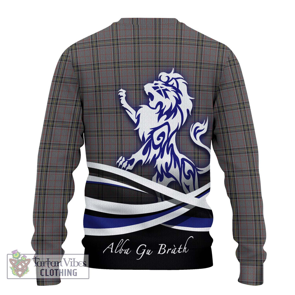 Stewart Grey Tartan Knitted Sweater with Alba Gu Brath Regal Lion Emblem - Tartanvibesclothing Shop