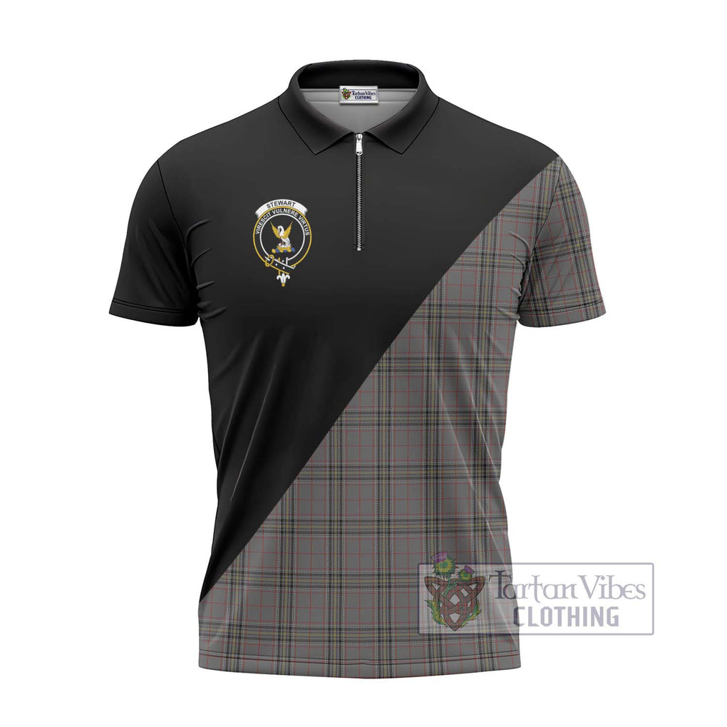 Stewart Grey Tartan Zipper Polo Shirt with Family Crest and Military Logo Style - Tartanvibesclothing Shop