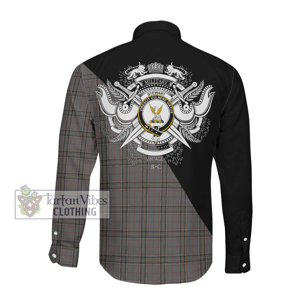 Stewart Grey Tartan Long Sleeve Button Shirt with Family Crest and Military Logo Style Men's Shirt - Tartanvibesclothing Shop