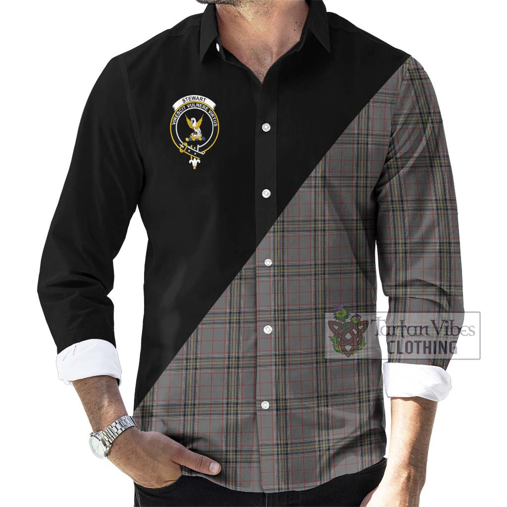 Stewart Grey Tartan Long Sleeve Button Shirt with Family Crest and Military Logo Style - Tartanvibesclothing Shop