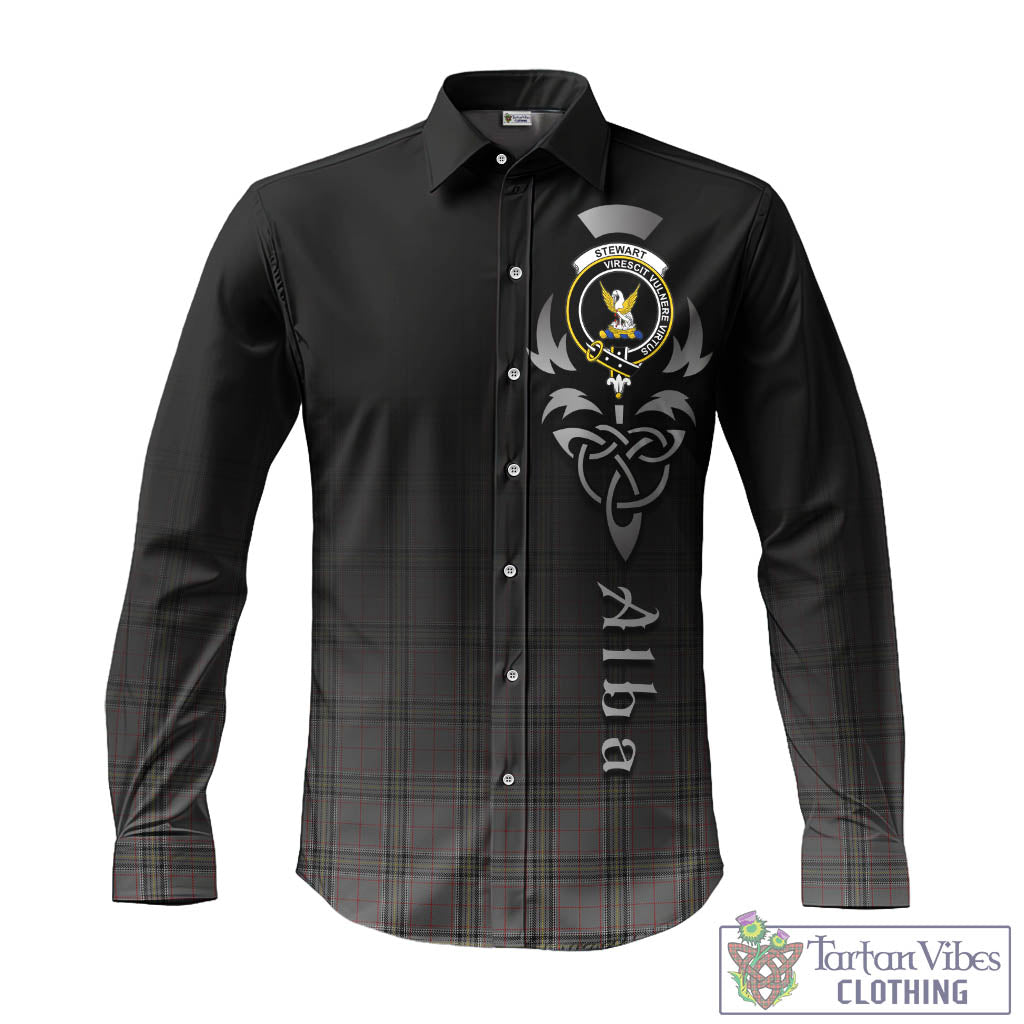 Tartan Vibes Clothing Stewart Grey Tartan Long Sleeve Button Up Featuring Alba Gu Brath Family Crest Celtic Inspired