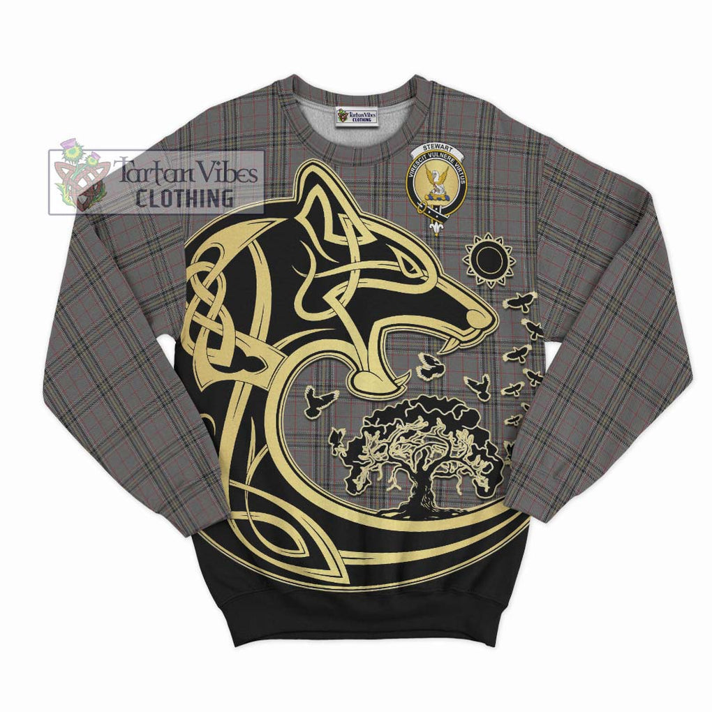 Stewart Grey Tartan Sweatshirt with Family Crest Celtic Wolf Style - Tartan Vibes Clothing