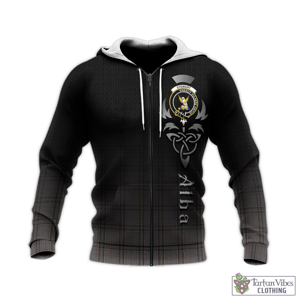 Tartan Vibes Clothing Stewart Grey Tartan Knitted Hoodie Featuring Alba Gu Brath Family Crest Celtic Inspired