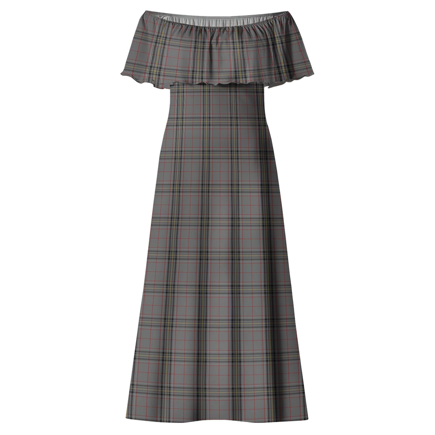 Stewart Grey Tartan Off Shoulder Long Dress - Tartanvibesclothing