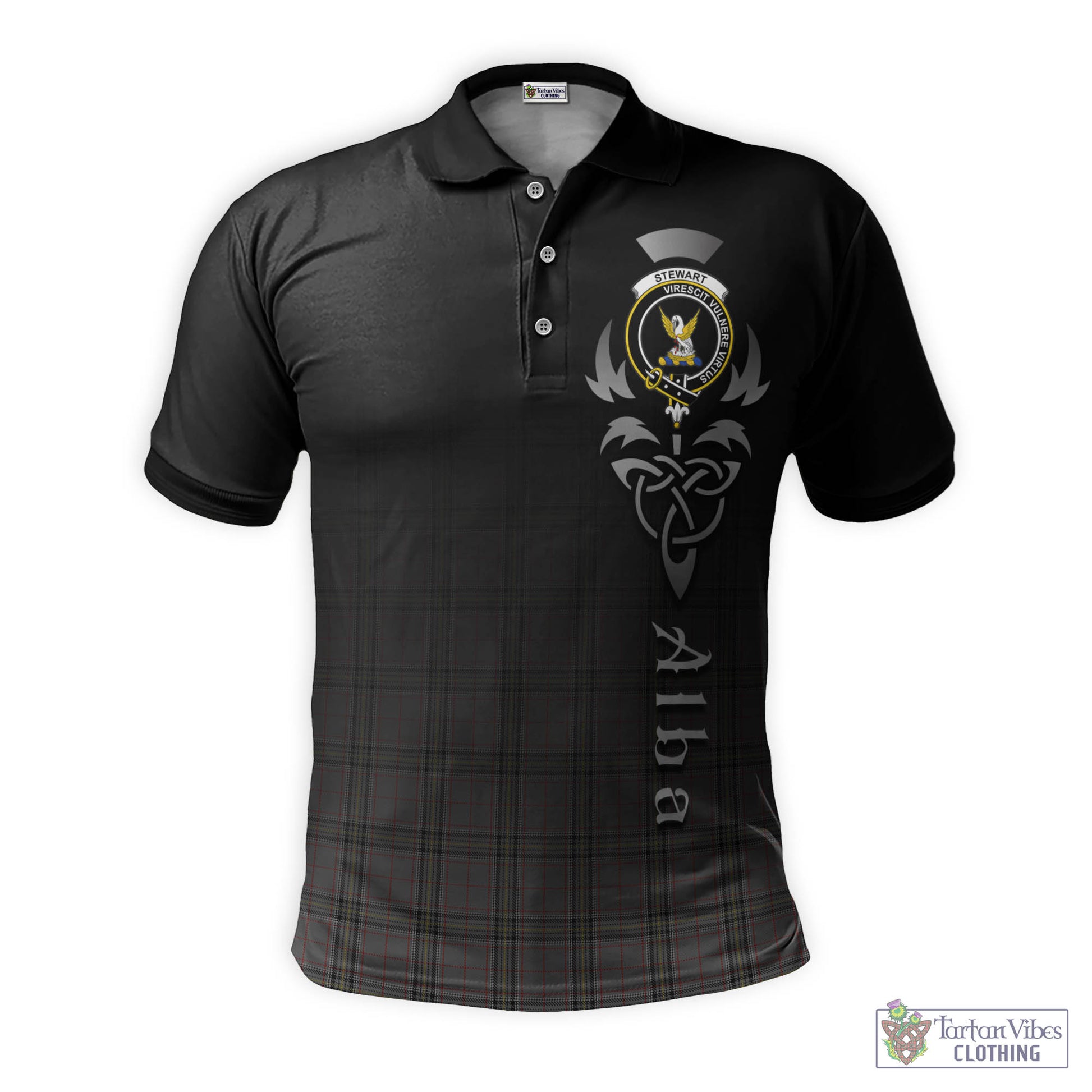 Tartan Vibes Clothing Stewart Grey Tartan Polo Shirt Featuring Alba Gu Brath Family Crest Celtic Inspired