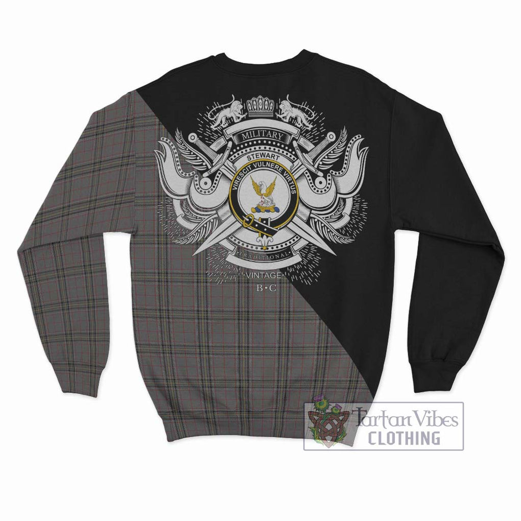 Stewart Grey Tartan Sweatshirt with Family Crest and Military Logo Style - Tartanvibesclothing Shop