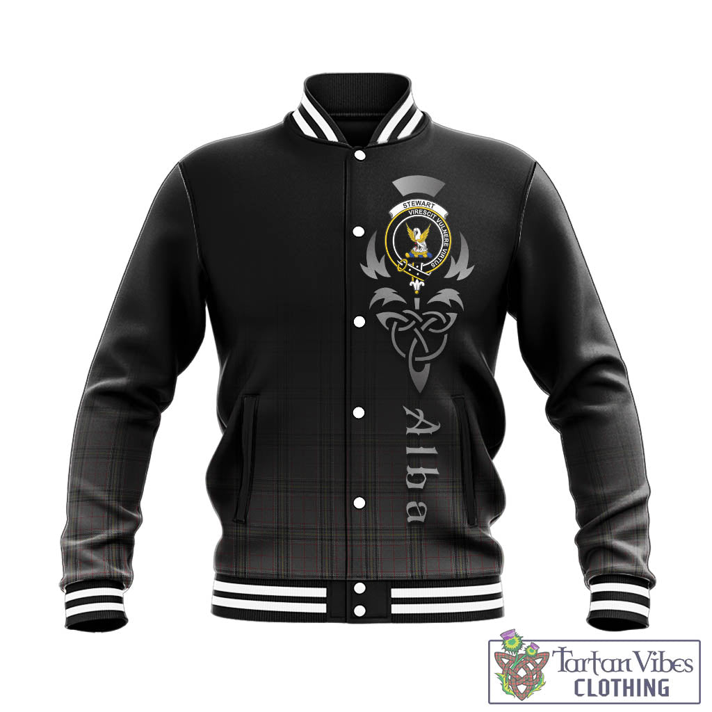 Tartan Vibes Clothing Stewart Grey Tartan Baseball Jacket Featuring Alba Gu Brath Family Crest Celtic Inspired