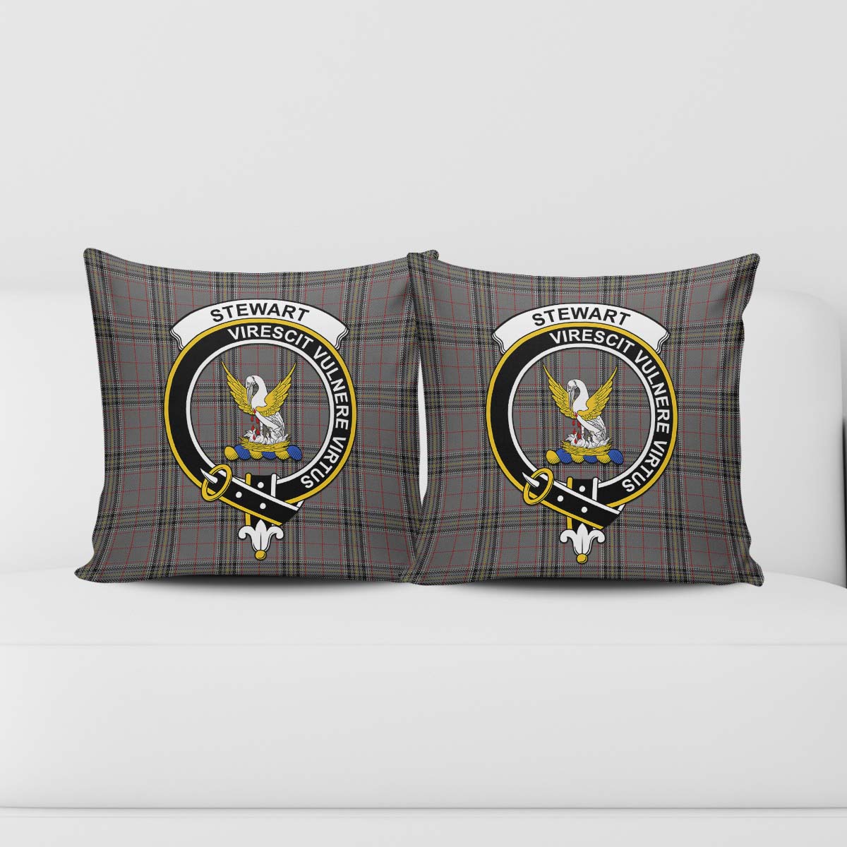 Stewart Grey Tartan Pillow Cover with Family Crest - Tartanvibesclothing