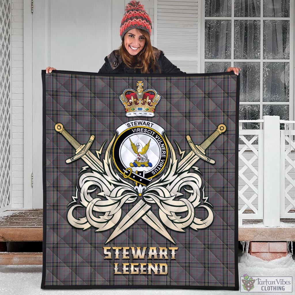 Tartan Vibes Clothing Stewart Grey Tartan Quilt with Clan Crest and the Golden Sword of Courageous Legacy