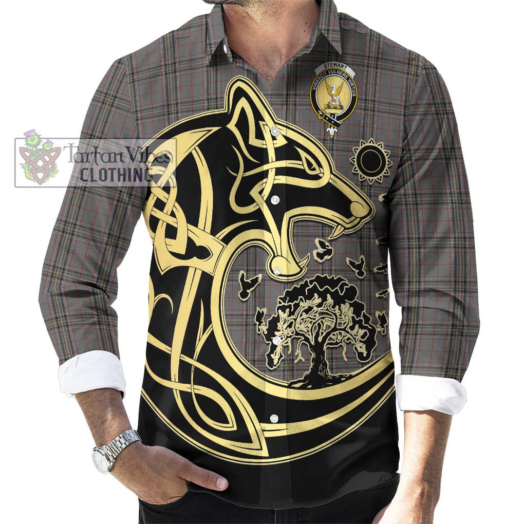 Stewart Grey Tartan Long Sleeve Button Shirt with Family Crest Celtic Wolf Style - Tartan Vibes Clothing