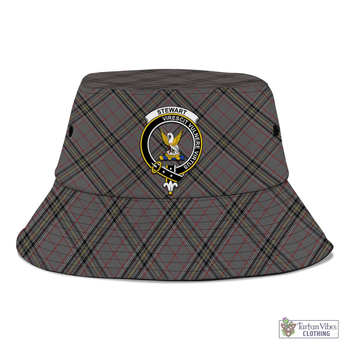 Tartan Vibes Clothing Stewart Grey Tartan Bucket Hat with Family Crest