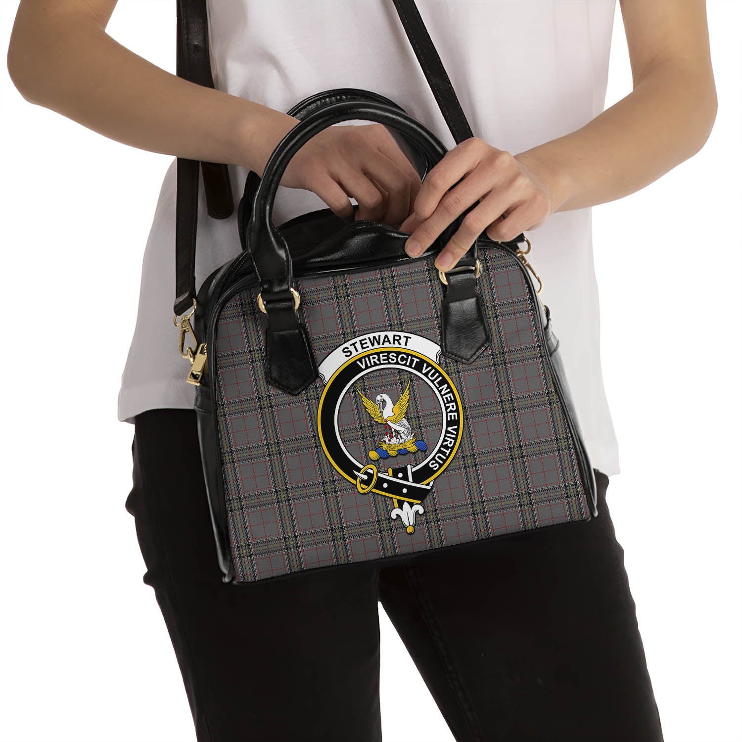 Stewart Grey Tartan Shoulder Handbags with Family Crest - Tartanvibesclothing