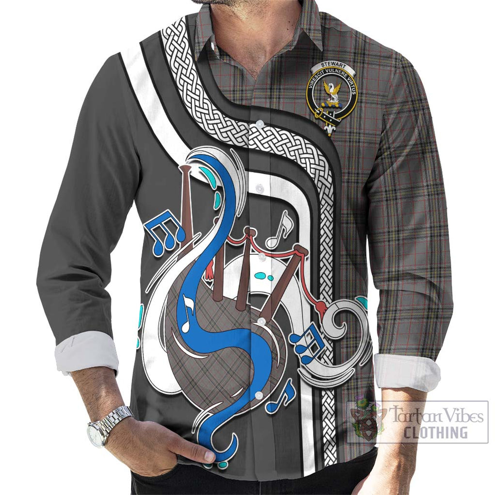 Stewart Grey Tartan Long Sleeve Button Shirt with Epic Bagpipe Style - Tartanvibesclothing Shop