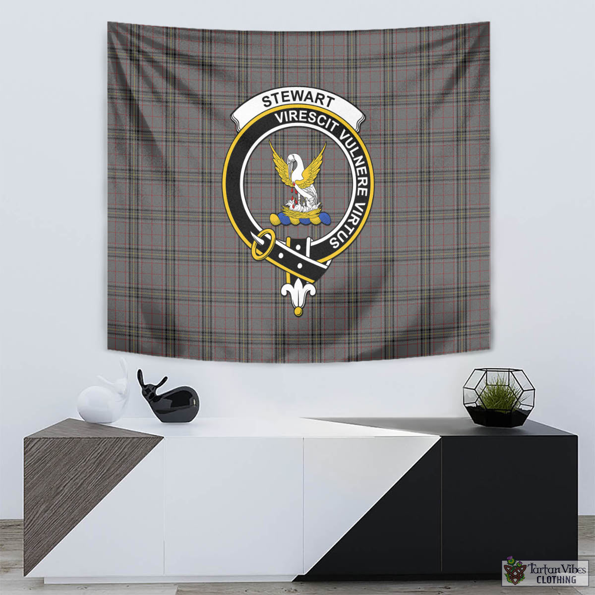 Tartan Vibes Clothing Stewart Grey Tartan Tapestry Wall Hanging and Home Decor for Room with Family Crest