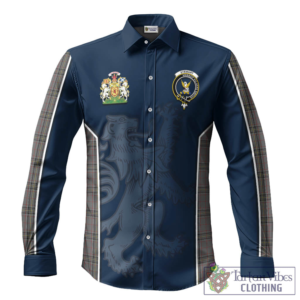 Stewart Grey Tartan Long Sleeve Button Up Shirt with Family Crest and Lion Rampant Vibes Sport Style