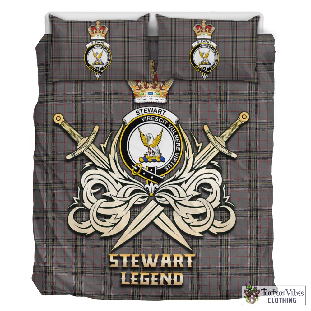 Tartan Vibes Clothing Stewart Grey Tartan Bedding Set with Clan Crest and the Golden Sword of Courageous Legacy