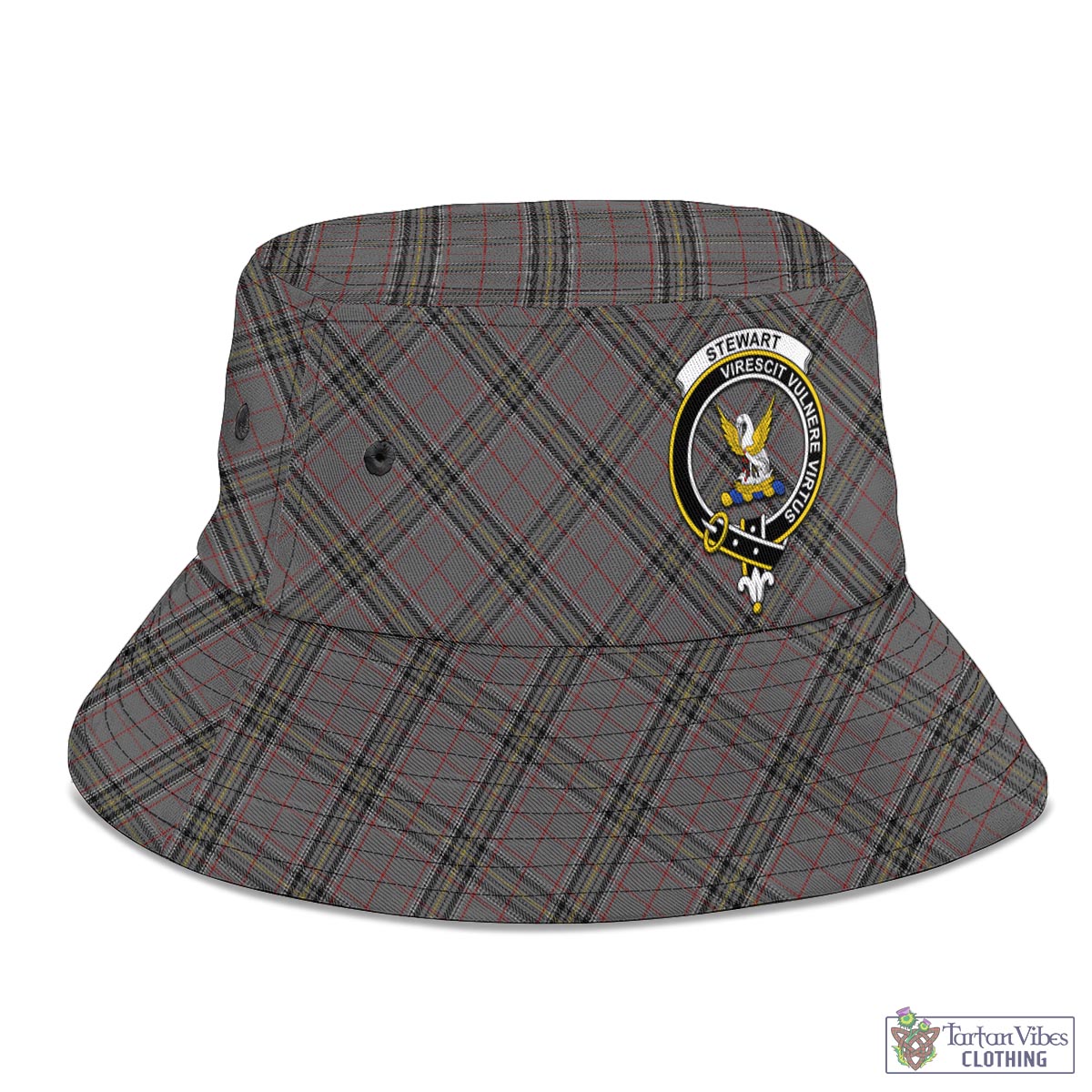 Tartan Vibes Clothing Stewart Grey Tartan Bucket Hat with Family Crest