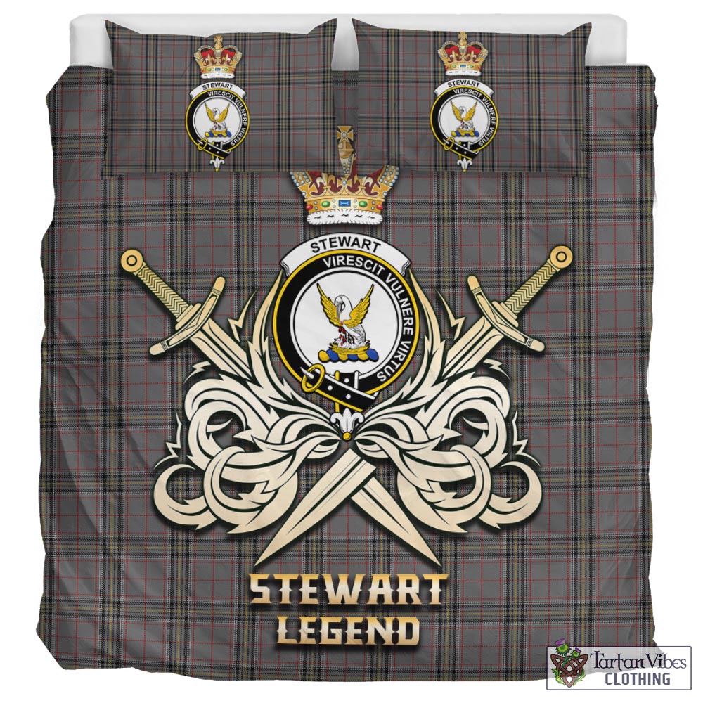 Tartan Vibes Clothing Stewart Grey Tartan Bedding Set with Clan Crest and the Golden Sword of Courageous Legacy