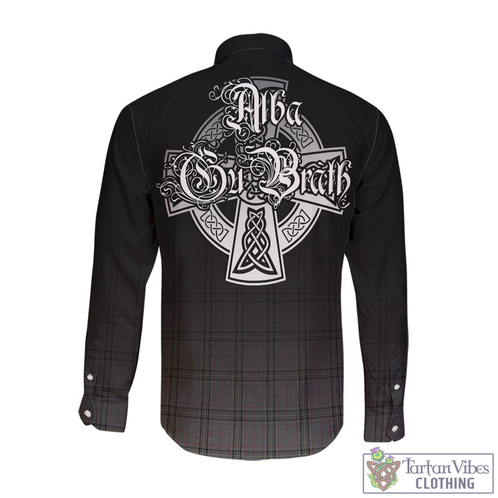 Tartan Vibes Clothing Stewart Grey Tartan Long Sleeve Button Up Featuring Alba Gu Brath Family Crest Celtic Inspired