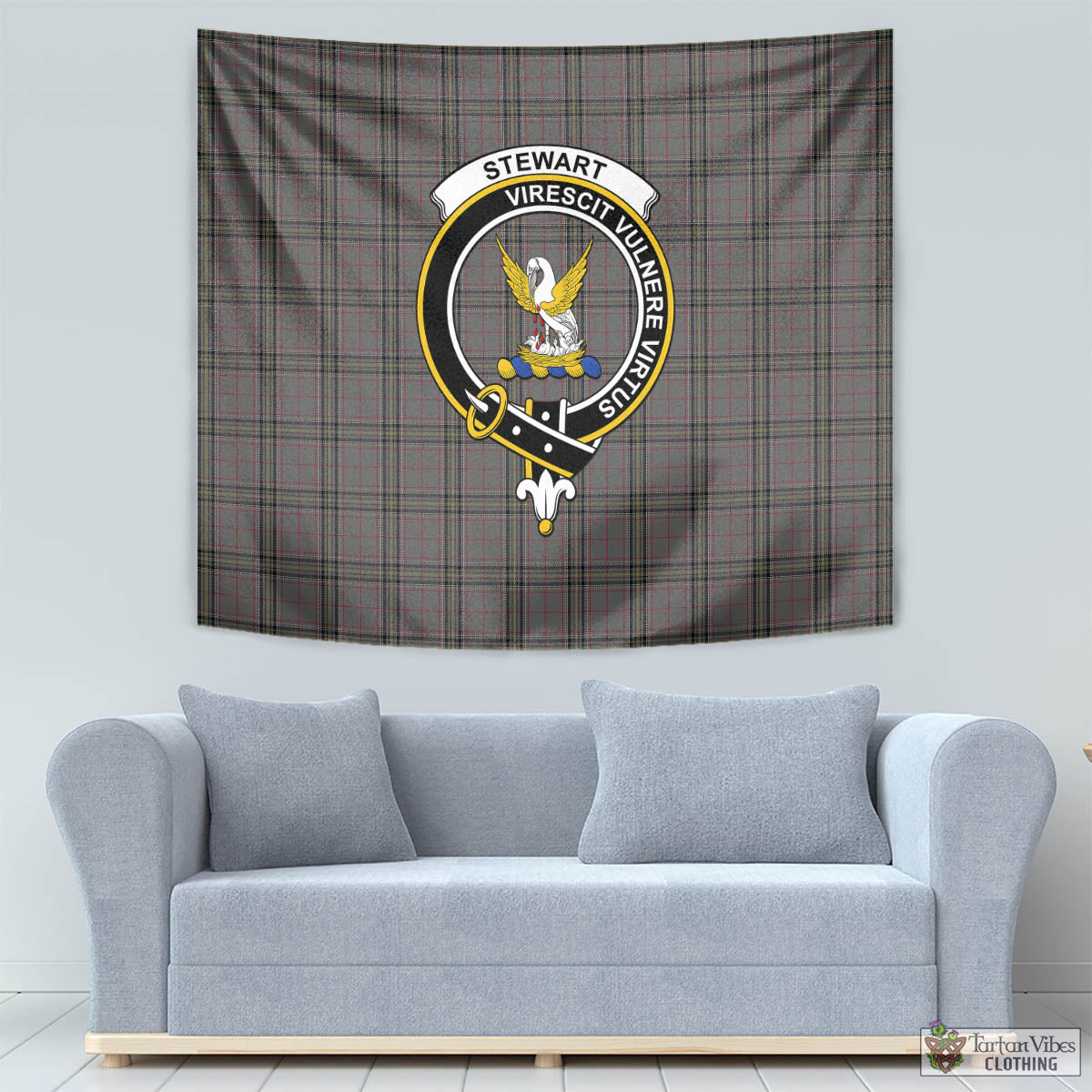 Tartan Vibes Clothing Stewart Grey Tartan Tapestry Wall Hanging and Home Decor for Room with Family Crest