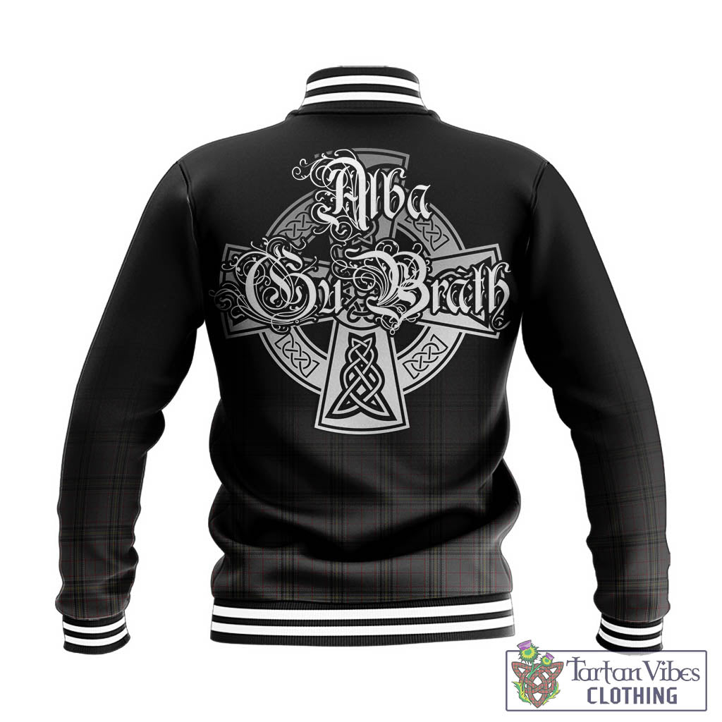 Tartan Vibes Clothing Stewart Grey Tartan Baseball Jacket Featuring Alba Gu Brath Family Crest Celtic Inspired