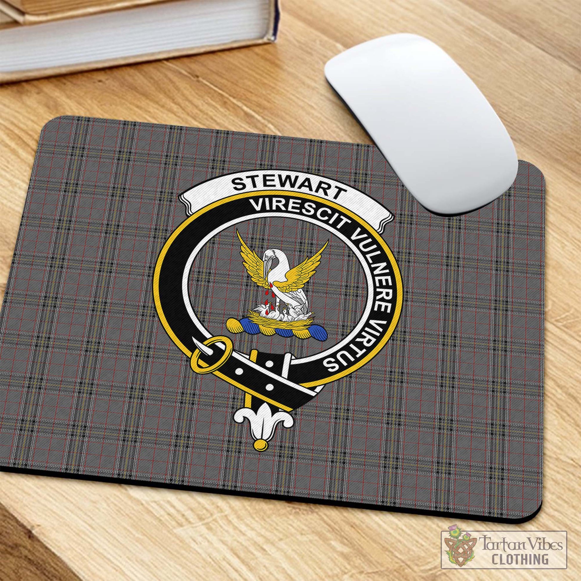 Tartan Vibes Clothing Stewart Grey Tartan Mouse Pad with Family Crest