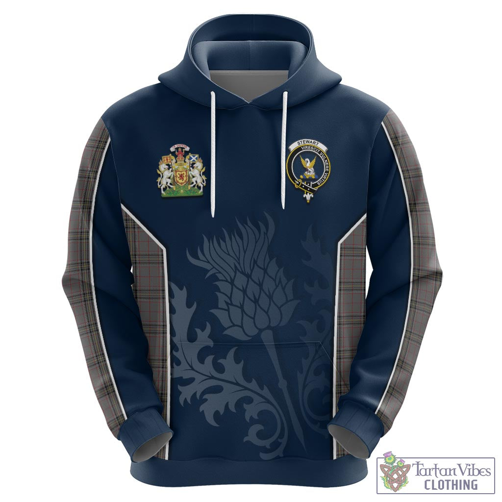 Tartan Vibes Clothing Stewart Grey Tartan Hoodie with Family Crest and Scottish Thistle Vibes Sport Style