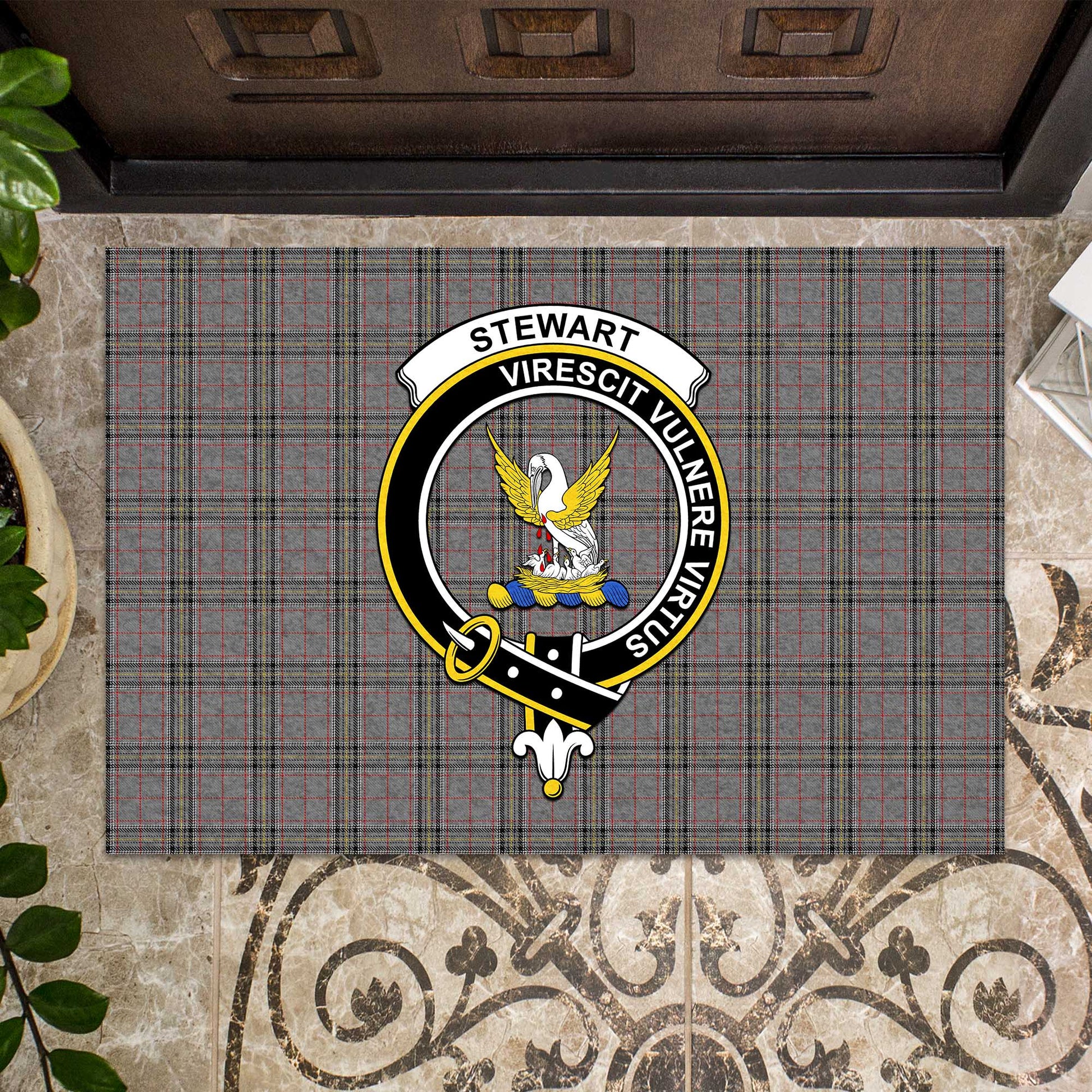 Stewart Grey Tartan Door Mat with Family Crest - Tartanvibesclothing Shop