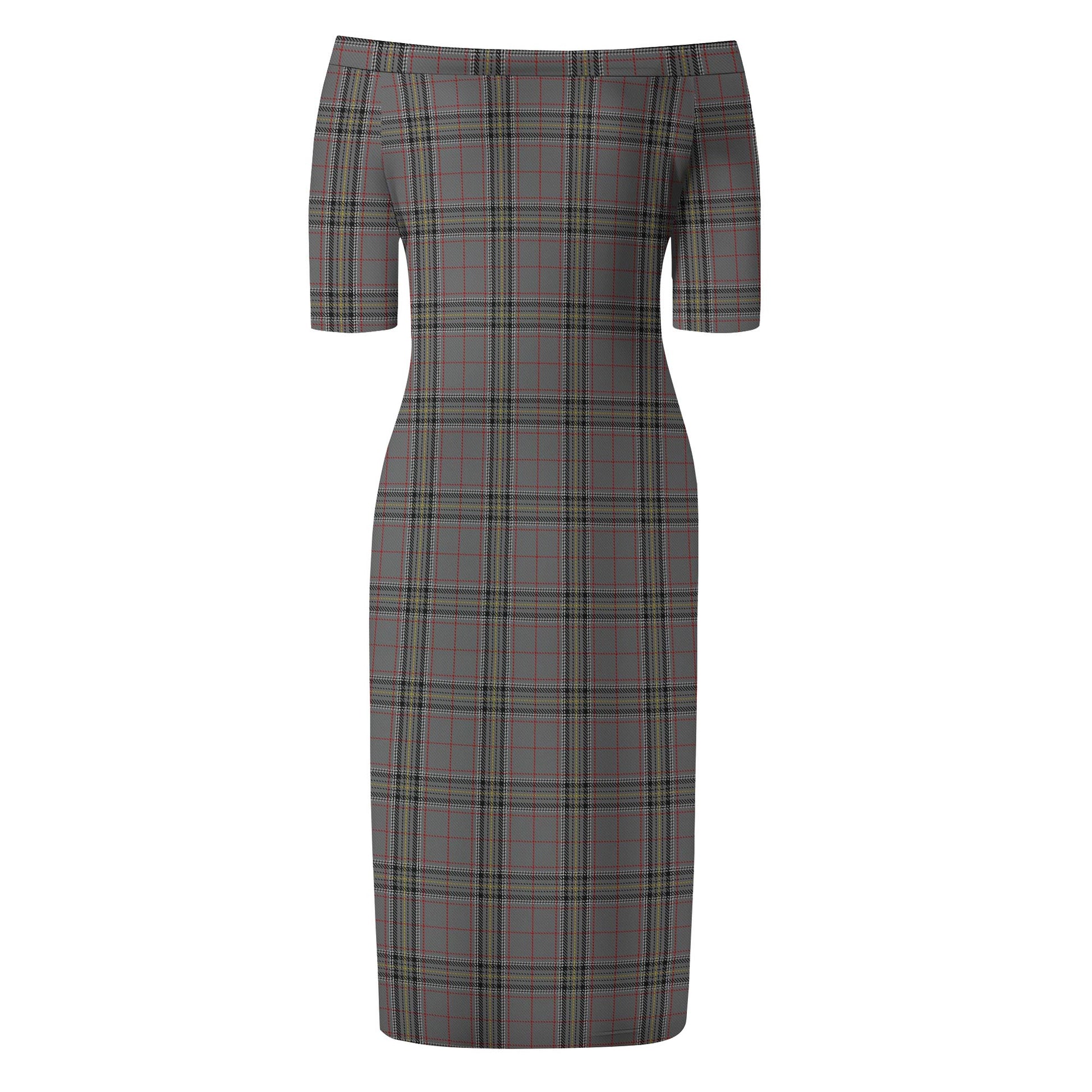 Stewart Grey Tartan Off Shoulder Lady Dress - Tartanvibesclothing