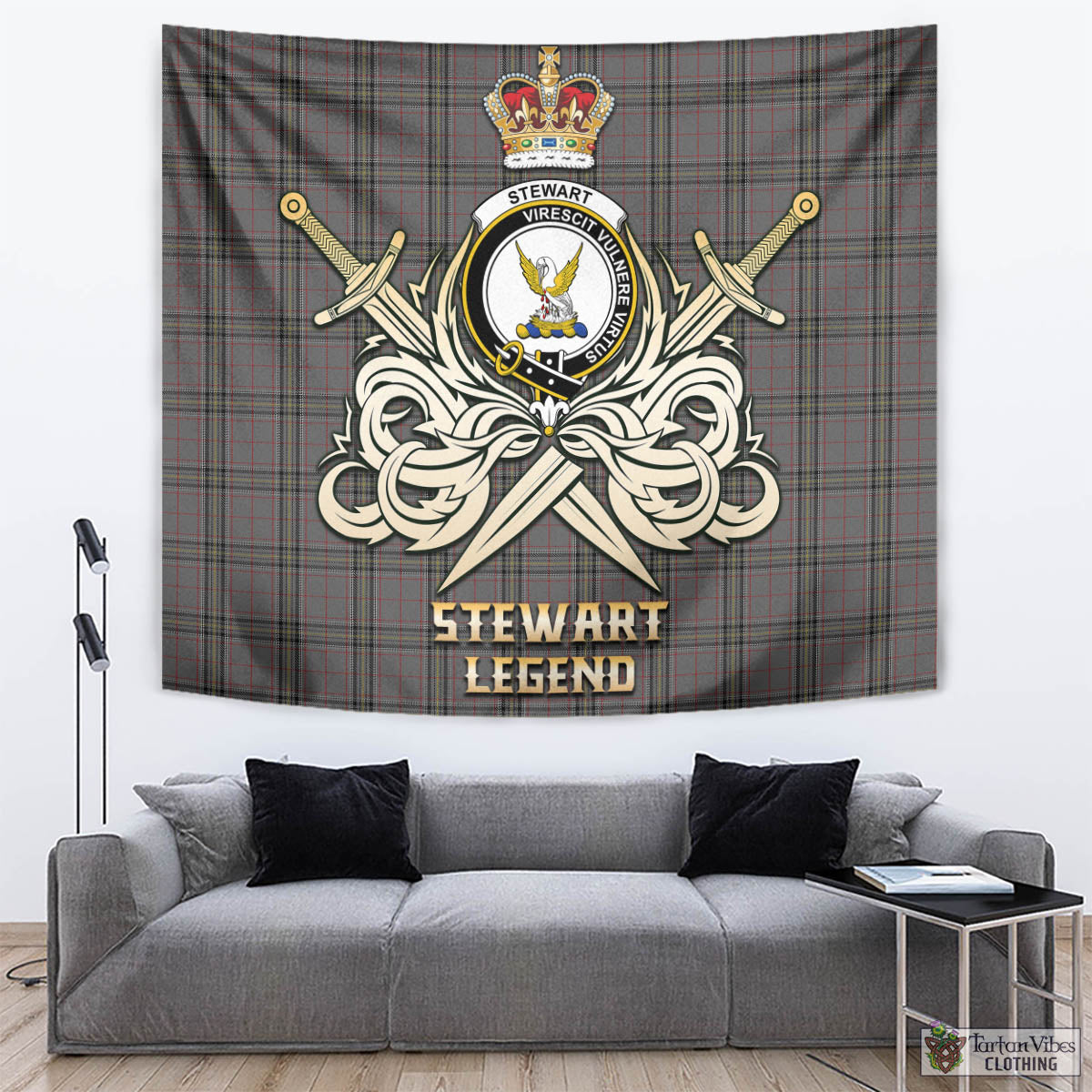 Tartan Vibes Clothing Stewart Grey Tartan Tapestry with Clan Crest and the Golden Sword of Courageous Legacy