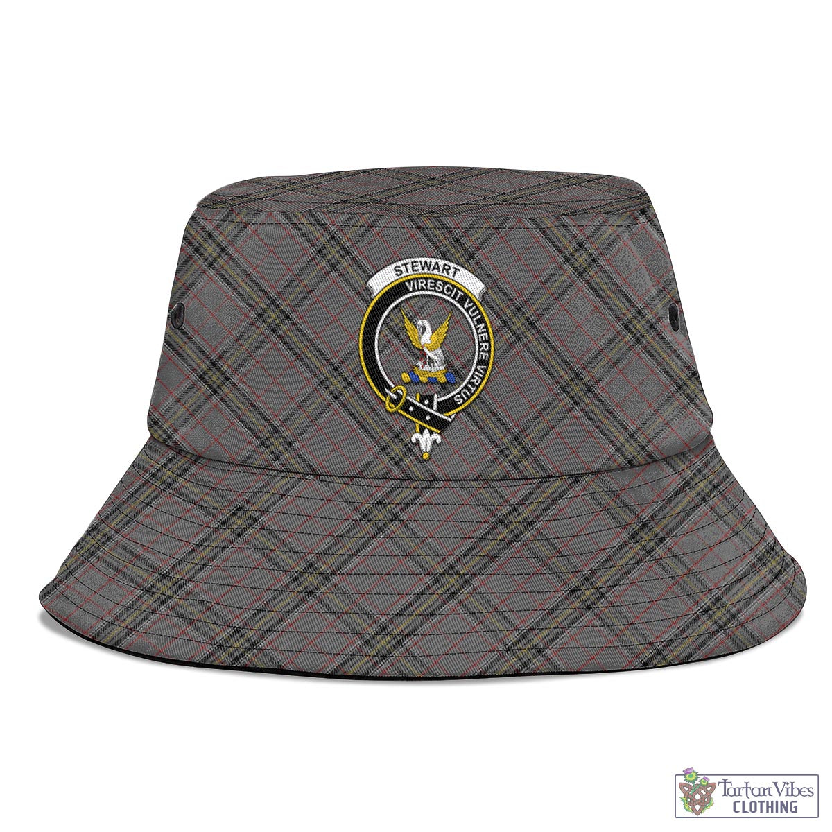 Tartan Vibes Clothing Stewart Grey Tartan Bucket Hat with Family Crest