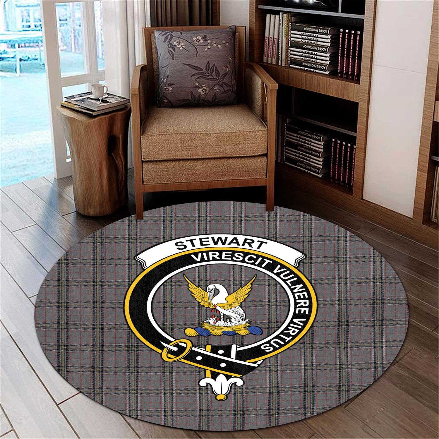 stewart-grey-tartan-round-rug-with-family-crest