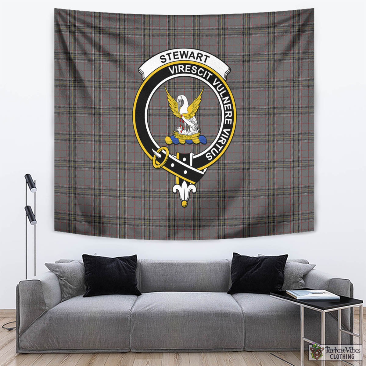 Tartan Vibes Clothing Stewart Grey Tartan Tapestry Wall Hanging and Home Decor for Room with Family Crest