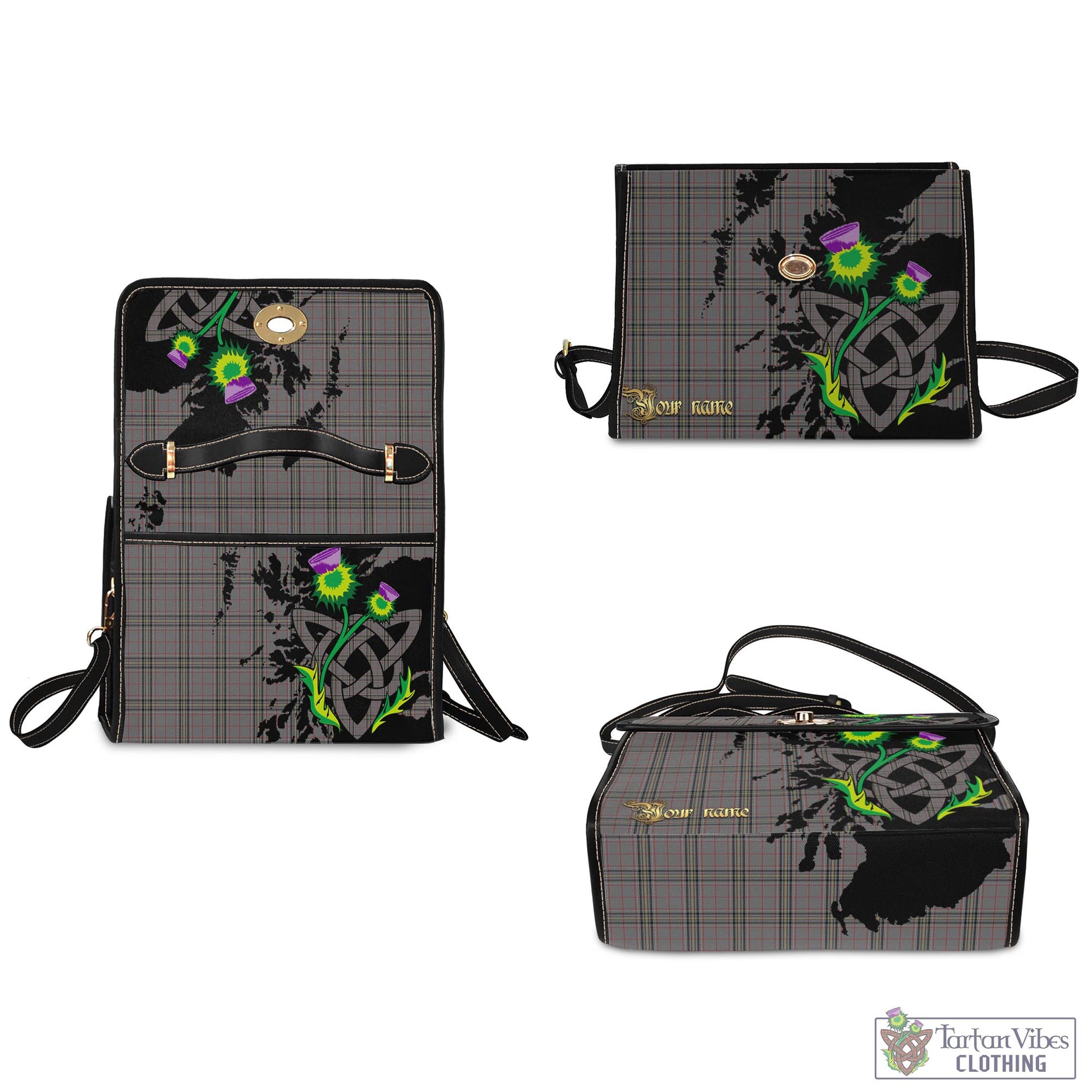 Tartan Vibes Clothing Stewart Grey Tartan Waterproof Canvas Bag with Scotland Map and Thistle Celtic Accents