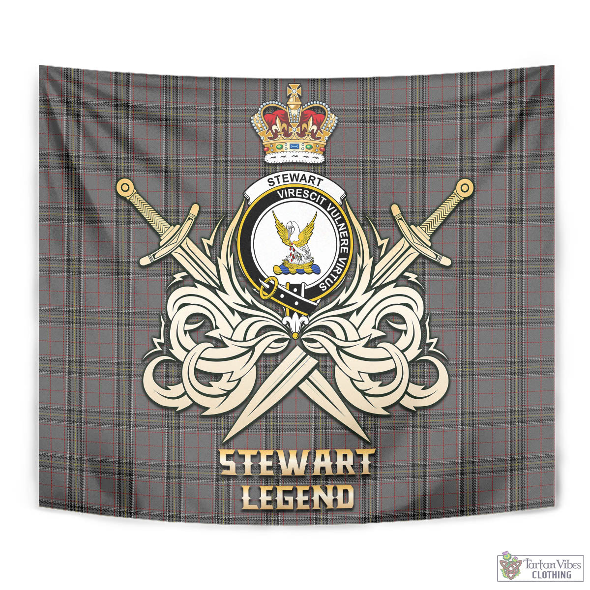 Tartan Vibes Clothing Stewart Grey Tartan Tapestry with Clan Crest and the Golden Sword of Courageous Legacy