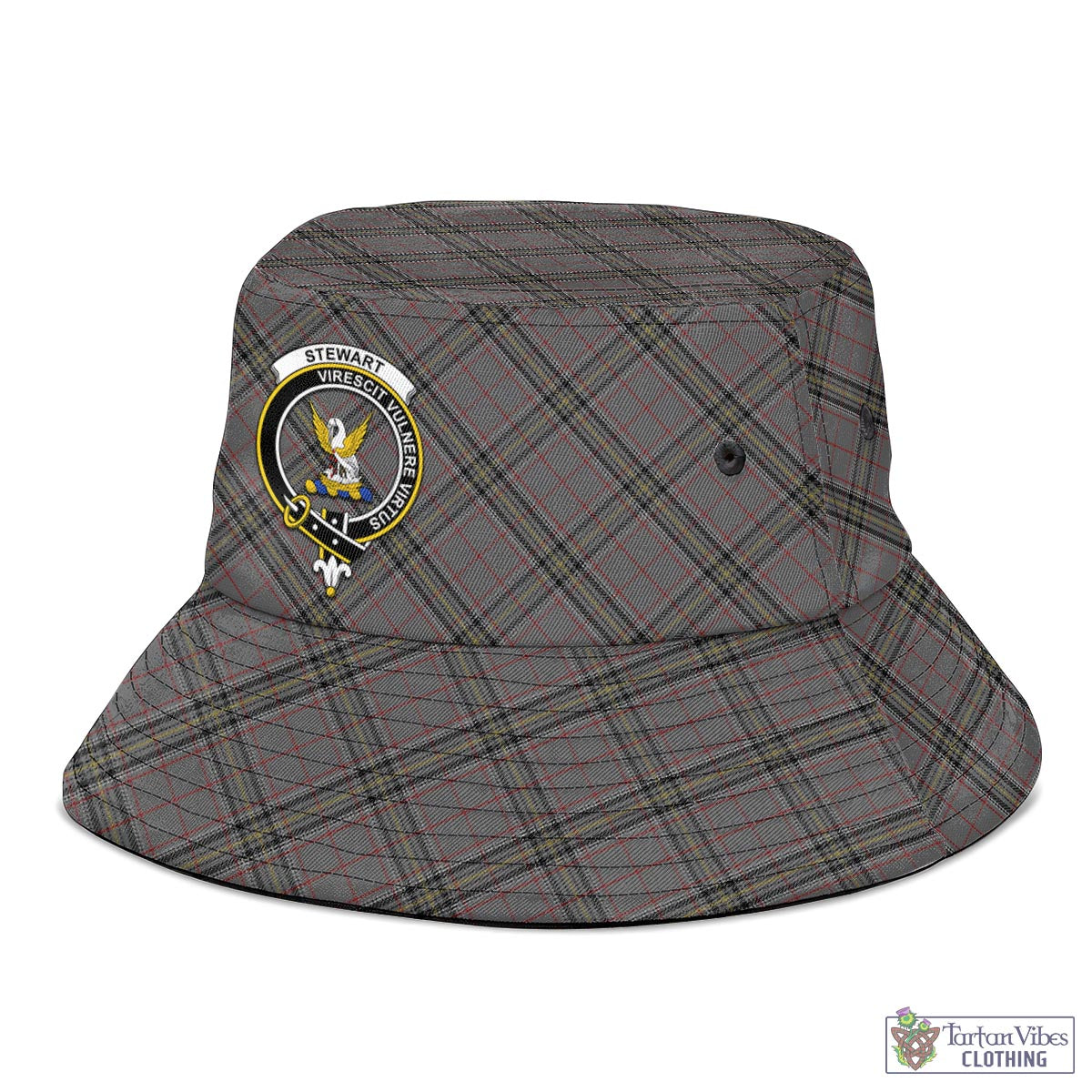 Tartan Vibes Clothing Stewart Grey Tartan Bucket Hat with Family Crest