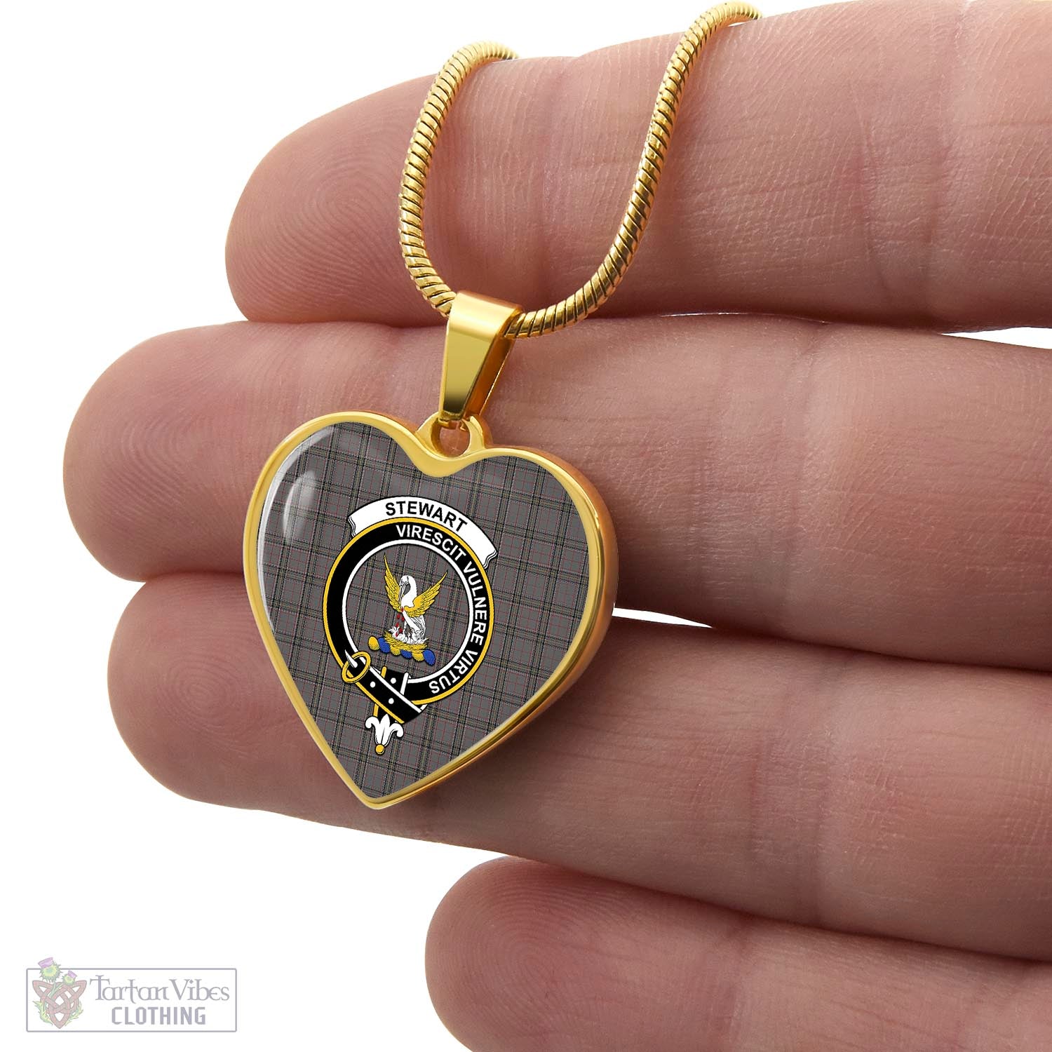 Tartan Vibes Clothing Stewart Grey Tartan Heart Necklace with Family Crest