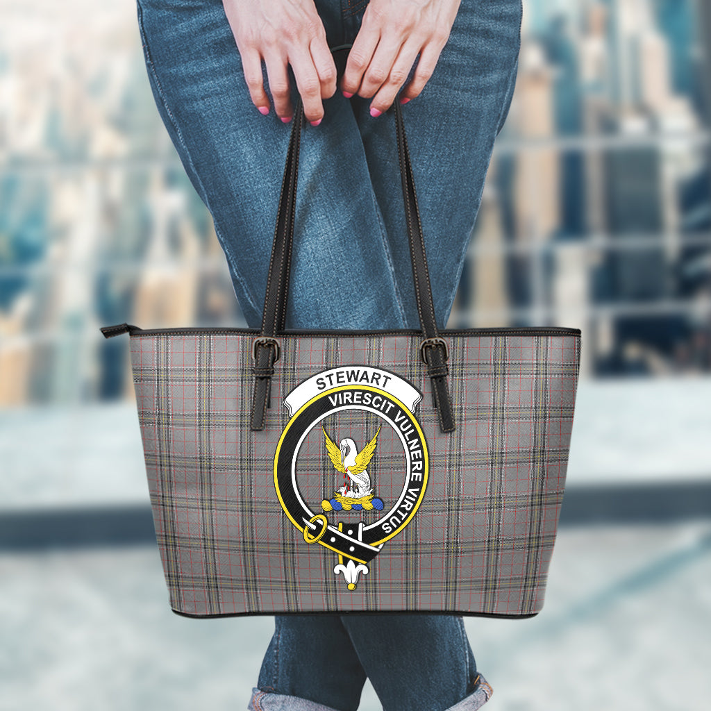 Stewart Grey Tartan Leather Tote Bag with Family Crest - Tartan Vibes Clothing